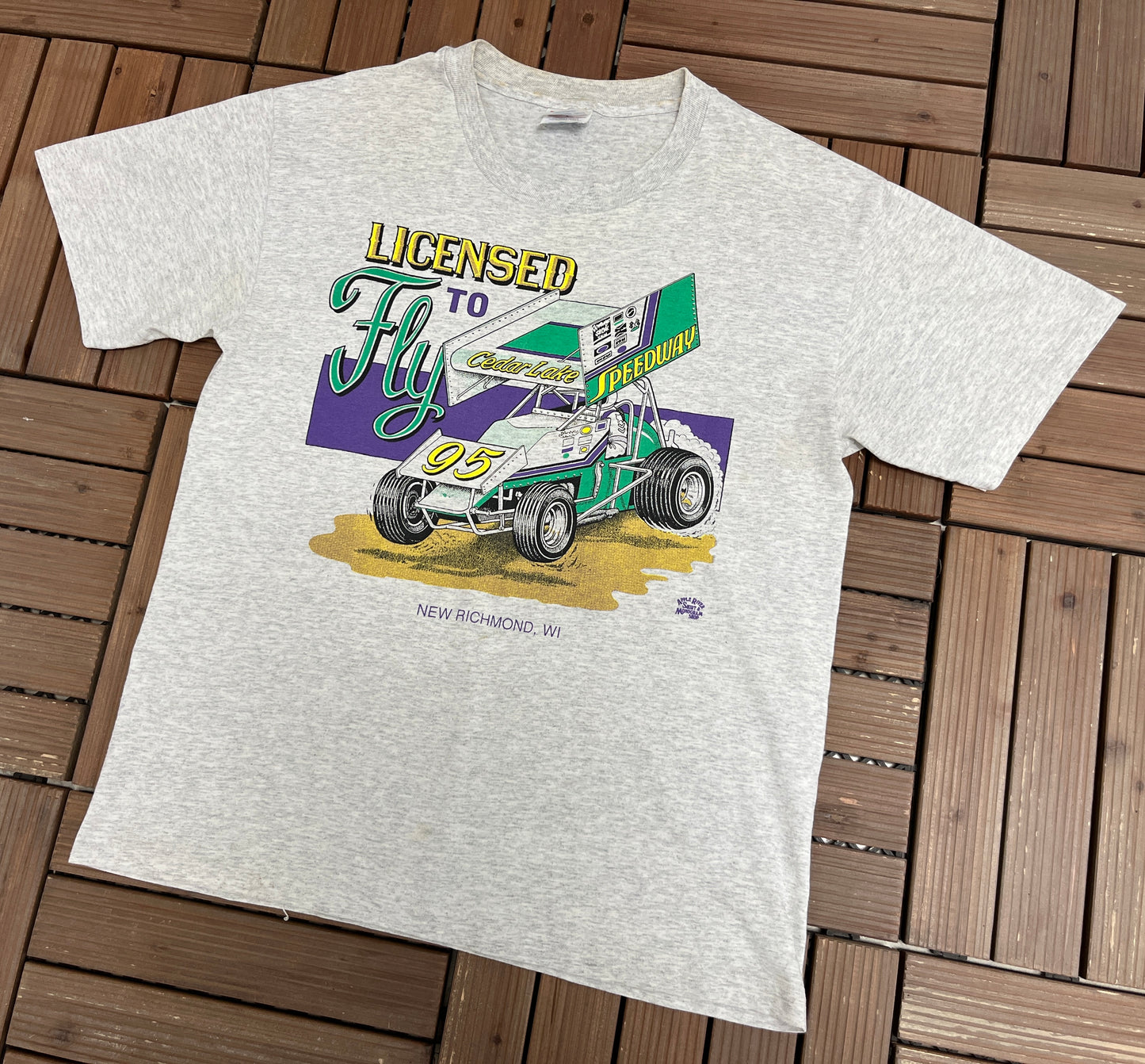 Cedar Lake Speedway Graphic Tee | Size Medium | Vintage 1990s Racing Grey T-Shirt |