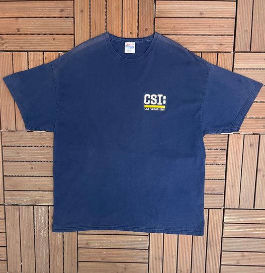 CSI: Las Vegas Unit Embroidered Graphic Tee | Size XX-Large | Vintage 2000s Promotional Blue T-Shirt |