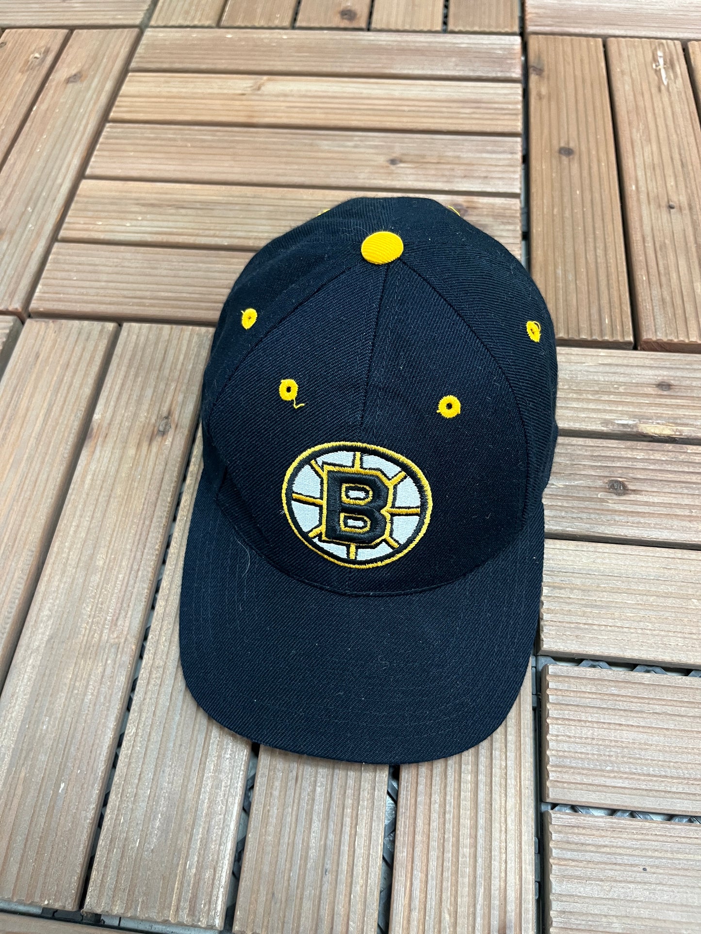 Boston Bruins Embroidered Graphic Hat | Snap Back | Vintage 1990s NHL Hockey Black Cap |