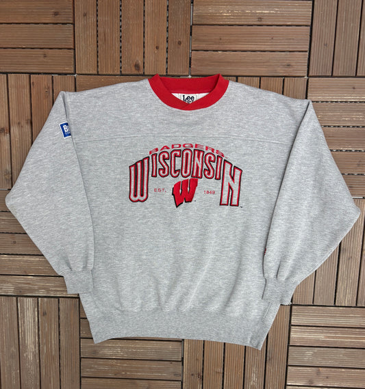 Wisconsin Badgers Graphic Crewneck | Size Large | Vintage 1990s College Sports Grey Sweater |