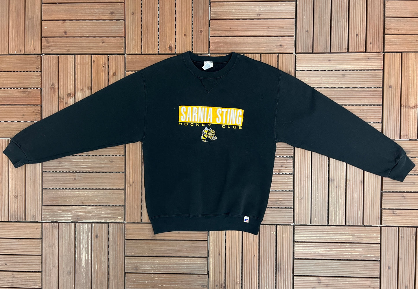 Sarnia Sting Embroidered Graphic Crewneck | Size Small | Vintage 1990s OHL Hockey Black Sweater |