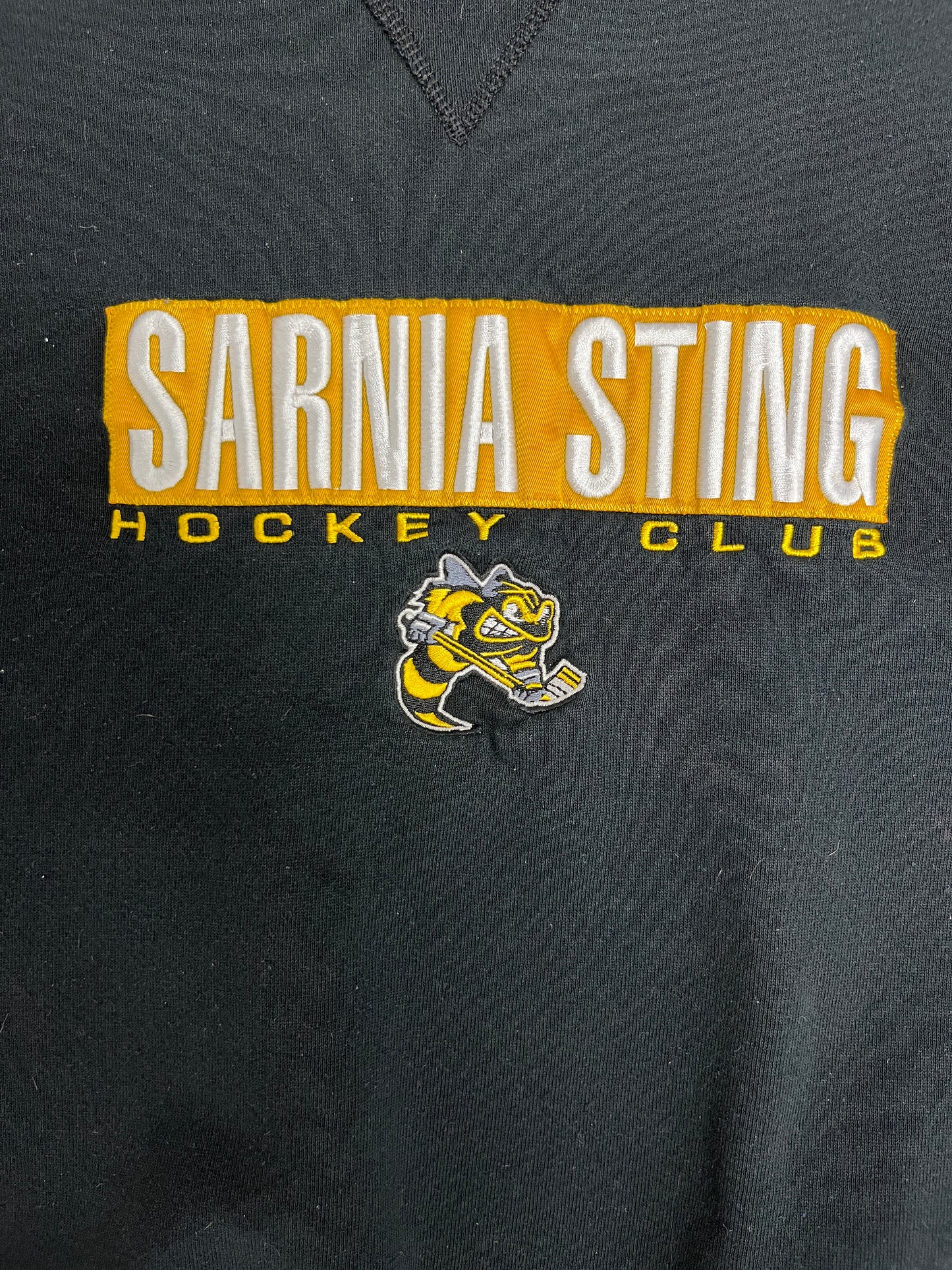 Sarnia Sting Embroidered Graphic Crewneck | Size Small | Vintage 1990s OHL Hockey Black Sweater |