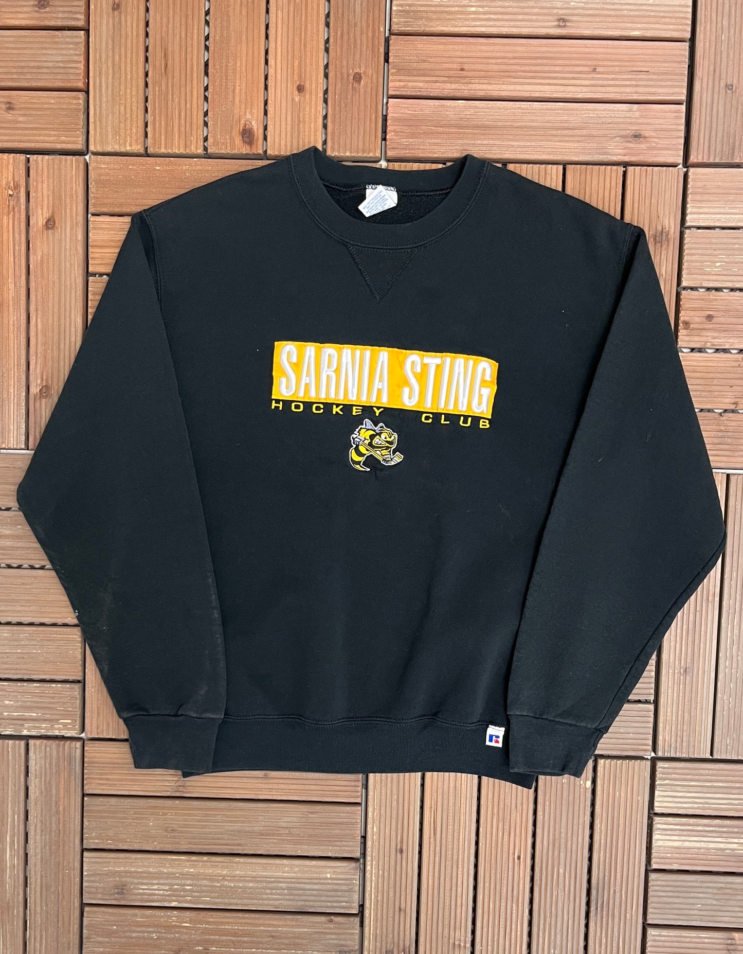 Sarnia Sting Embroidered Graphic Crewneck | Size Small | Vintage 1990s OHL Hockey Black Sweater |