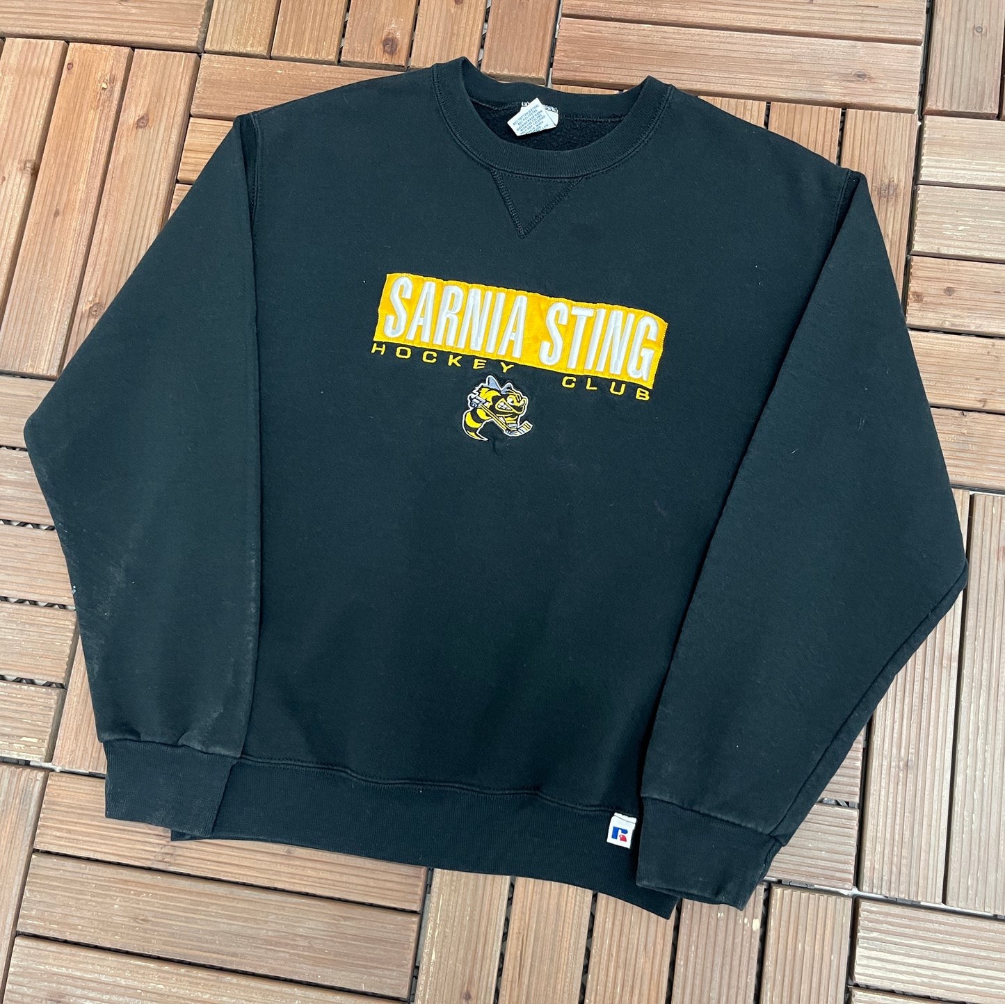 Sarnia Sting Embroidered Graphic Crewneck | Size Small | Vintage 1990s OHL Hockey Black Sweater |