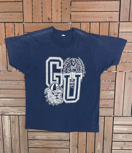 Georgetown Hoyas Graphic Tee | Size X-Large | Vintage 1990s College Sports Blue T-Shirt |