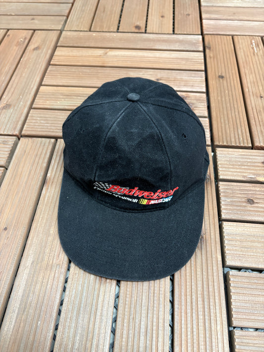 Budweiser Proud Sponsor of NASCAR Graphic Hat | Metal Clasp | Vintage 2000s Promotional Black Cap |