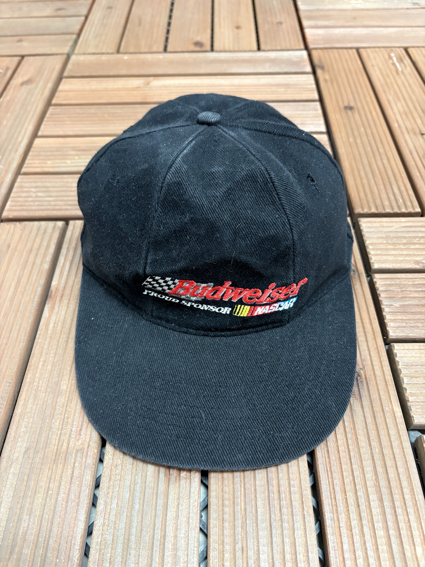 Budweiser Proud Sponsor of NASCAR Graphic Hat | Metal Clasp | Vintage 2000s Promotional Black Cap |