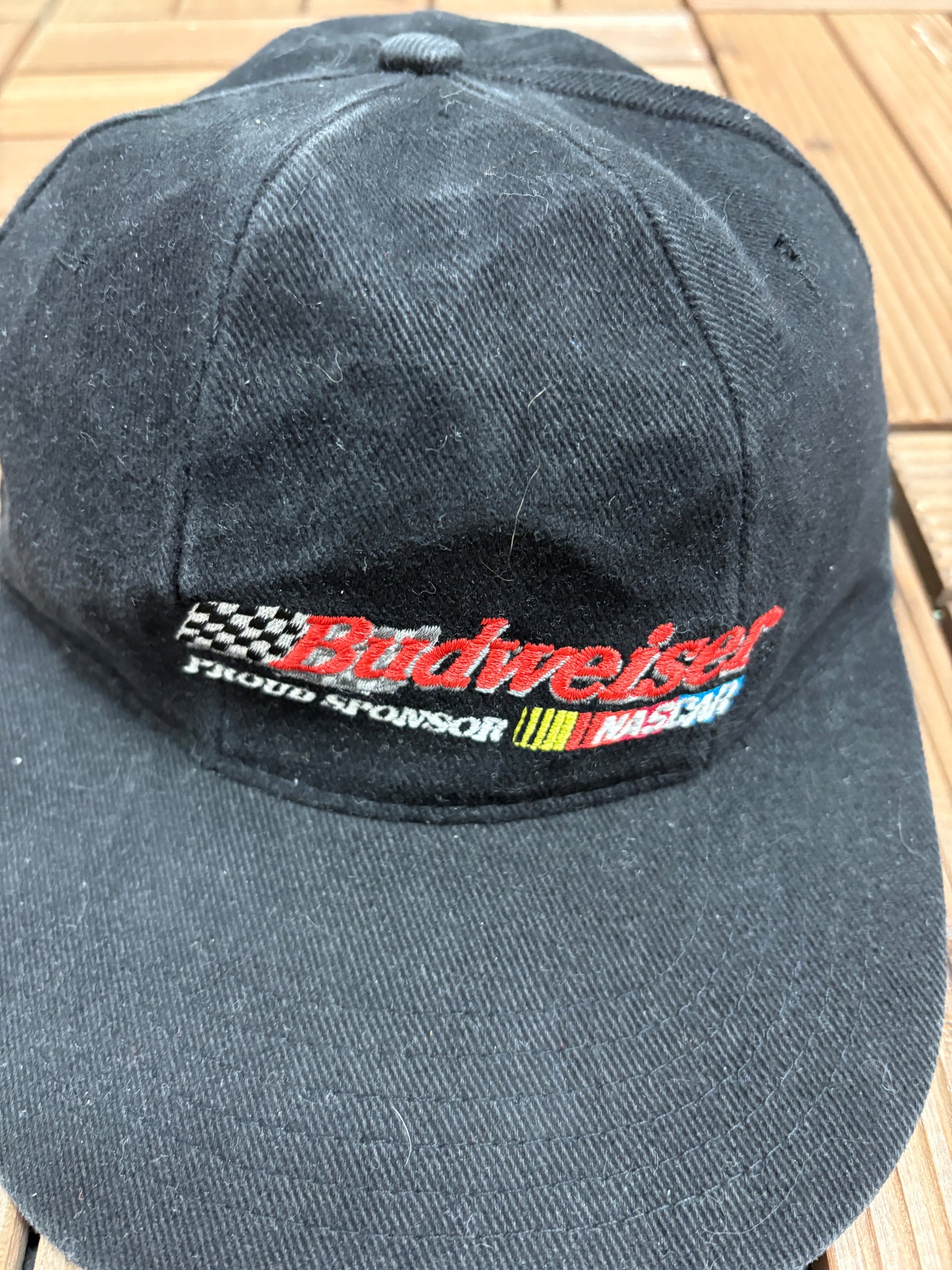 Budweiser Proud Sponsor of NASCAR Graphic Hat | Metal Clasp | Vintage 2000s Promotional Black Cap |