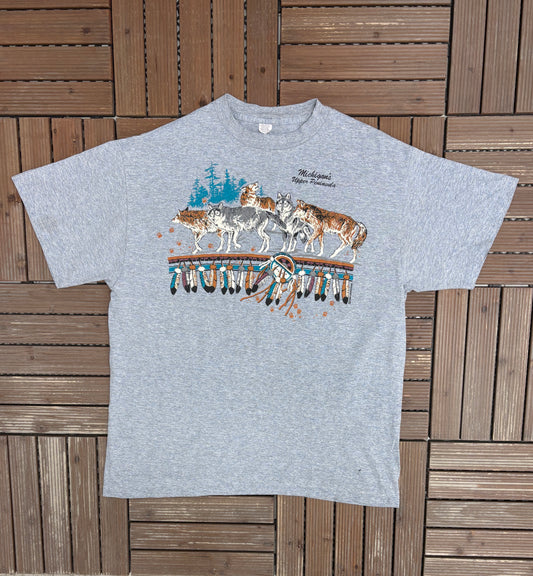 Michigan's Upper Peninsula Graphic Tee | Size X-Large | Vintage 1990s Tourist Blue T-Shirt |