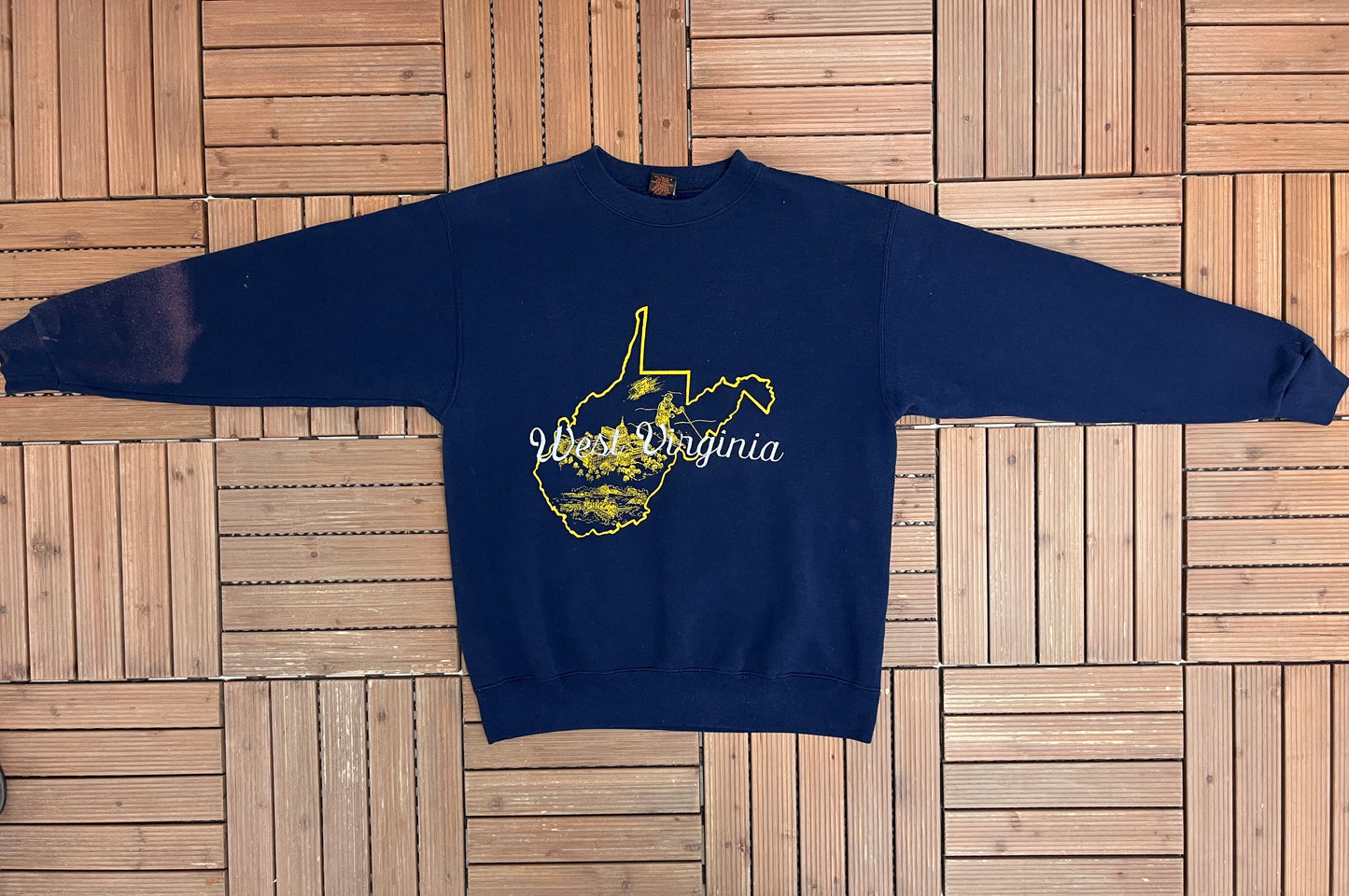 West Virginia Graphic Crewneck | Size X-Large | Vintage 1990s Tourist Made in USA Blue Sweater |