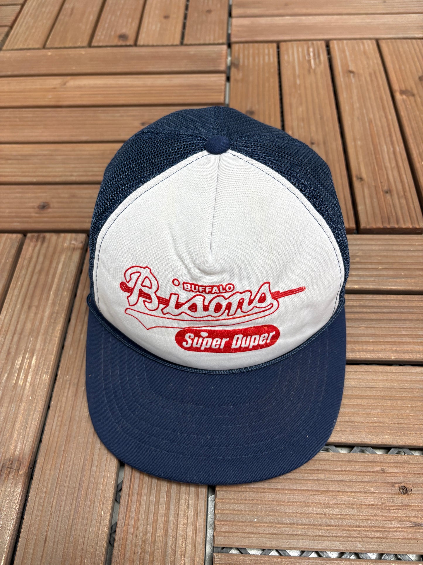 Buffalo Bisons Super Duper Graphic Hat | Snap Back | Vintage 1990s Minor League White Baseball Cap |
