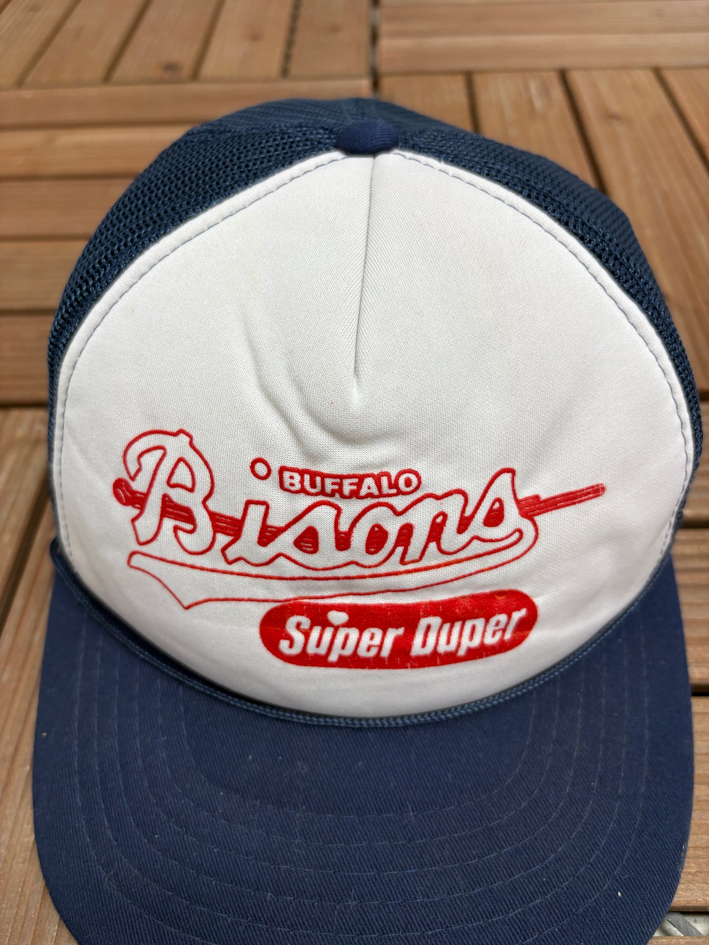 Buffalo Bisons Super Duper Graphic Hat | Snap Back | Vintage 1990s Minor League White Baseball Cap |
