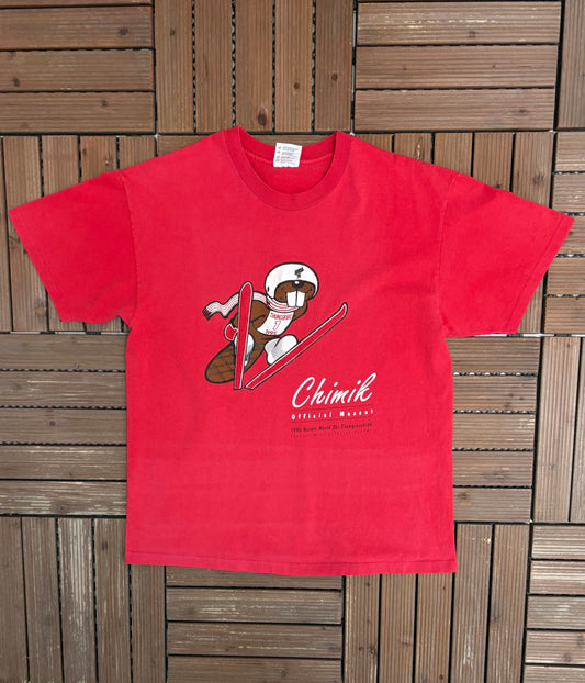 1995 Nordic World Ski Championship Chimik Graphic Tee | Size Large | Vintage 1990s Promotional Red T-Shirt |