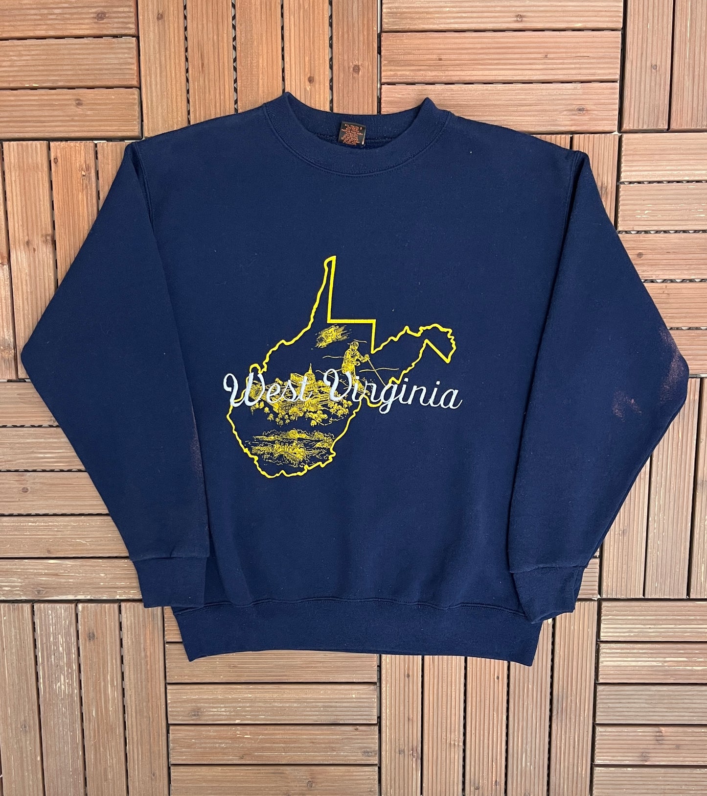 West Virginia Graphic Crewneck | Size X-Large | Vintage 1990s Tourist Made in USA Blue Sweater |