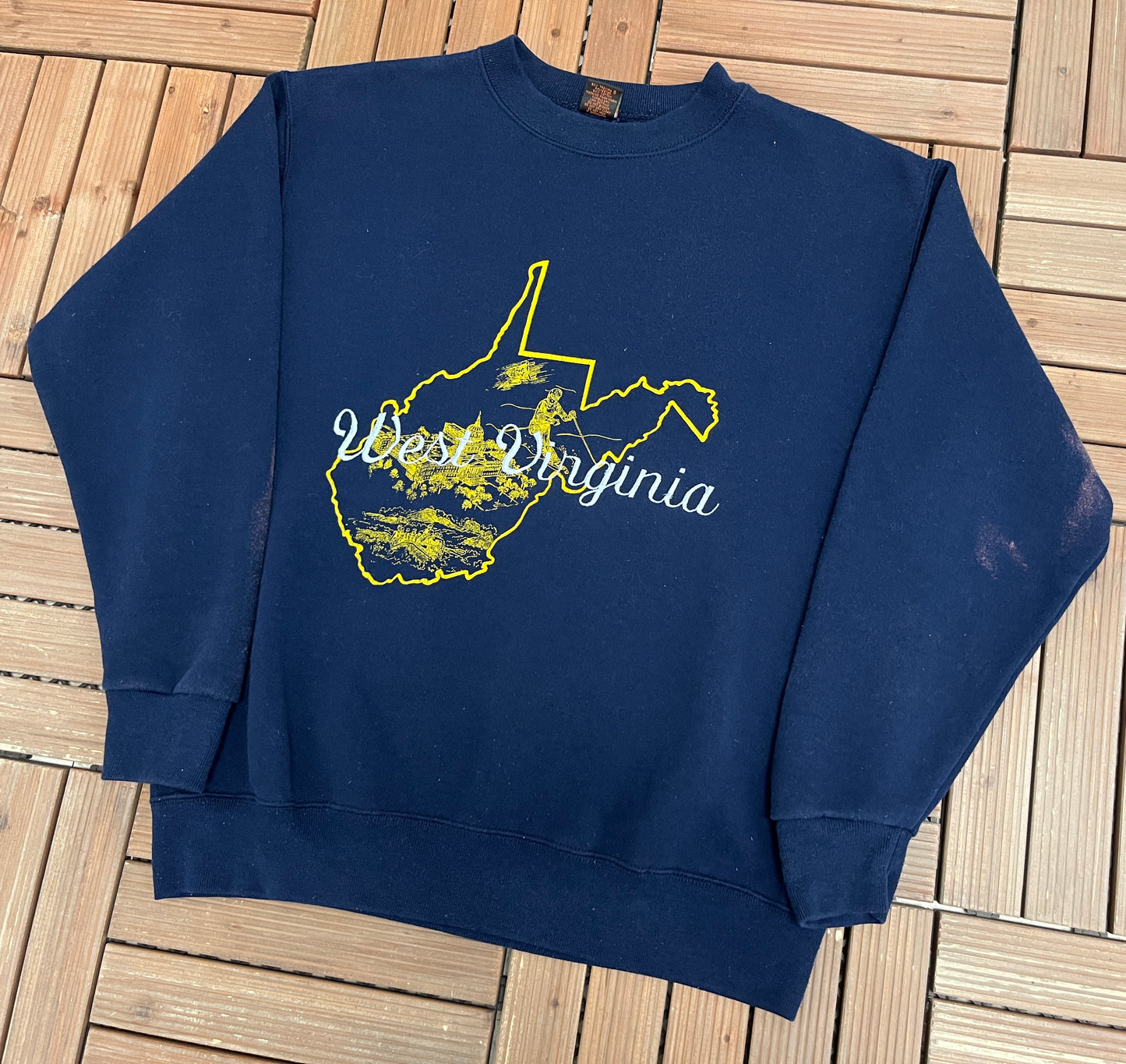 West Virginia Graphic Crewneck | Size X-Large | Vintage 1990s Tourist Made in USA Blue Sweater |