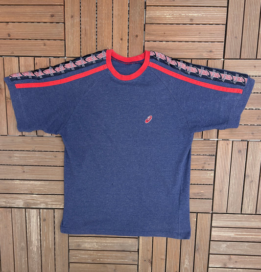 Asics Small Embroidered Logo Graphic Tee | Size Large | Vintage 2000s Branded Blue T-Shirt |