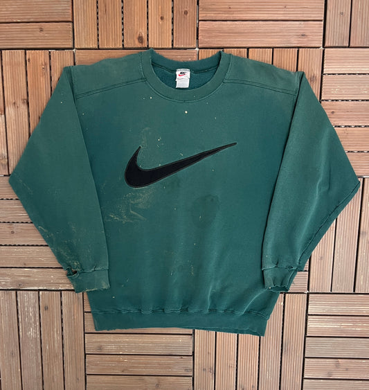 Nike Swoosh Embroidered Graphic Crewneck | Size Medium | Vintage 1990s Made in USA Nike Branded Green Sweater |