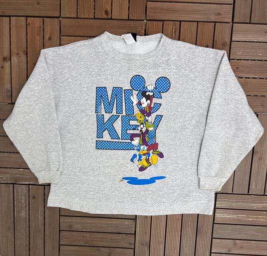 Mickey Mouse Cartoon Graphic Crewneck | Size Large/XL | Vintage 1990s Promotional Cartoon Grey Sweatshirt |