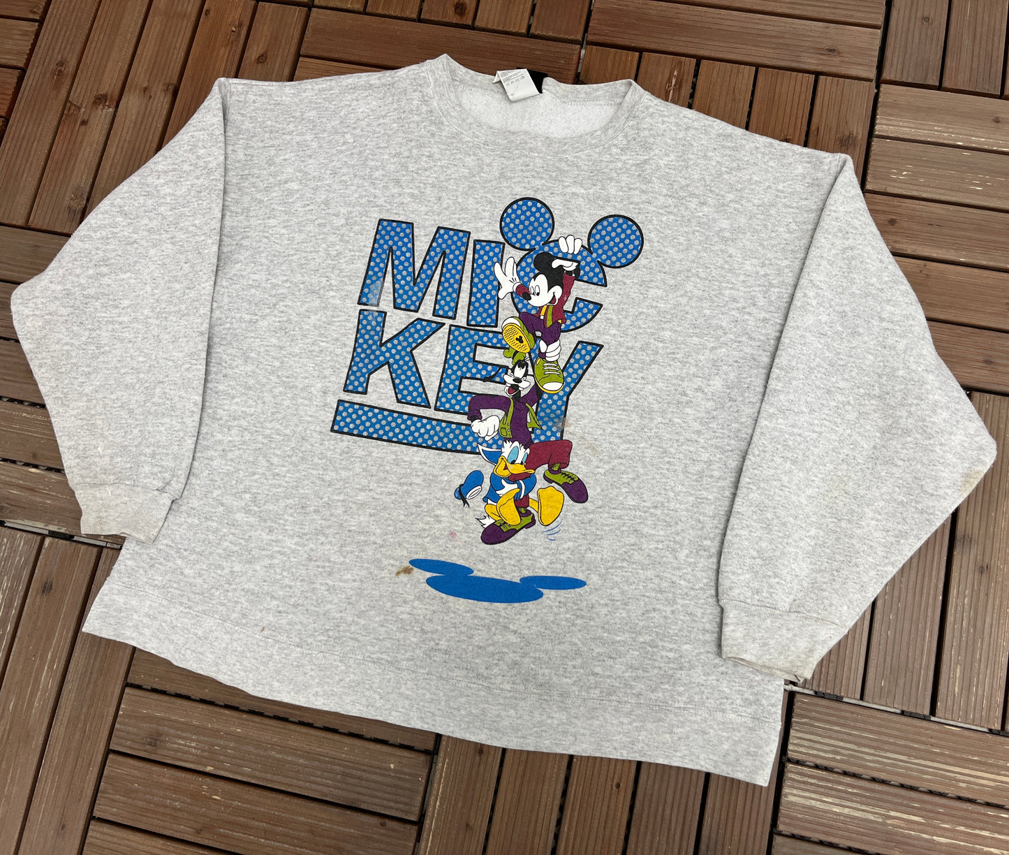 Mickey Mouse Cartoon Graphic Crewneck | Size Large/XL | Vintage 1990s Promotional Cartoon Grey Sweatshirt |