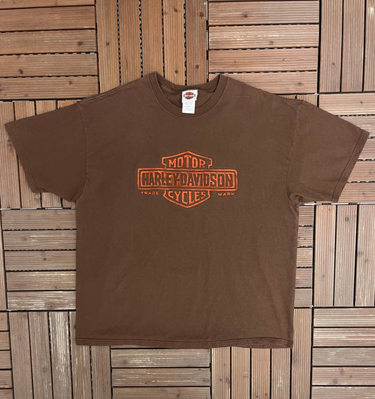 Harley Davidson Flint-Burton, Michigan Graphic Tee | Size XX-Large | Vintage 2000s Motorcycle Brown T-Shirt |