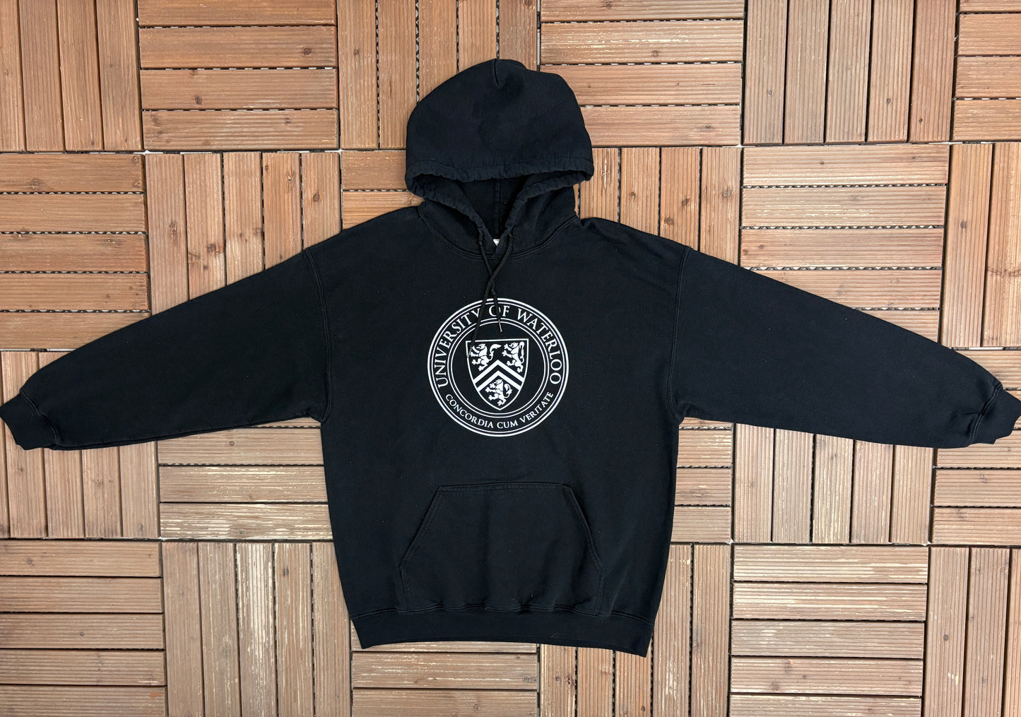 University of Waterloo Graphic Hoodie | Size Large | Vintage 2000s Canadian College Black Sweater |
