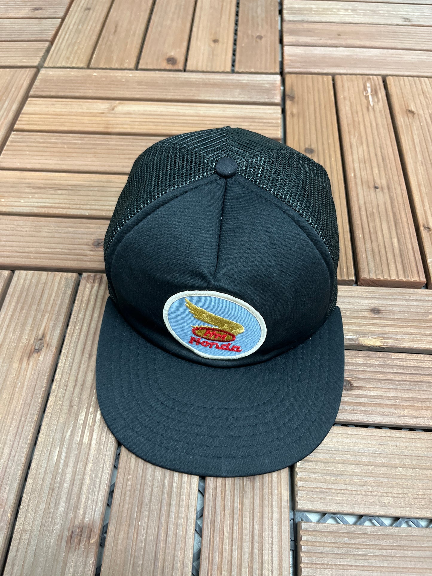 Honda Motorsports Stitched Graphic Hat | Snap Back | Vintage 1990s Promotional Black Trucker Cap |