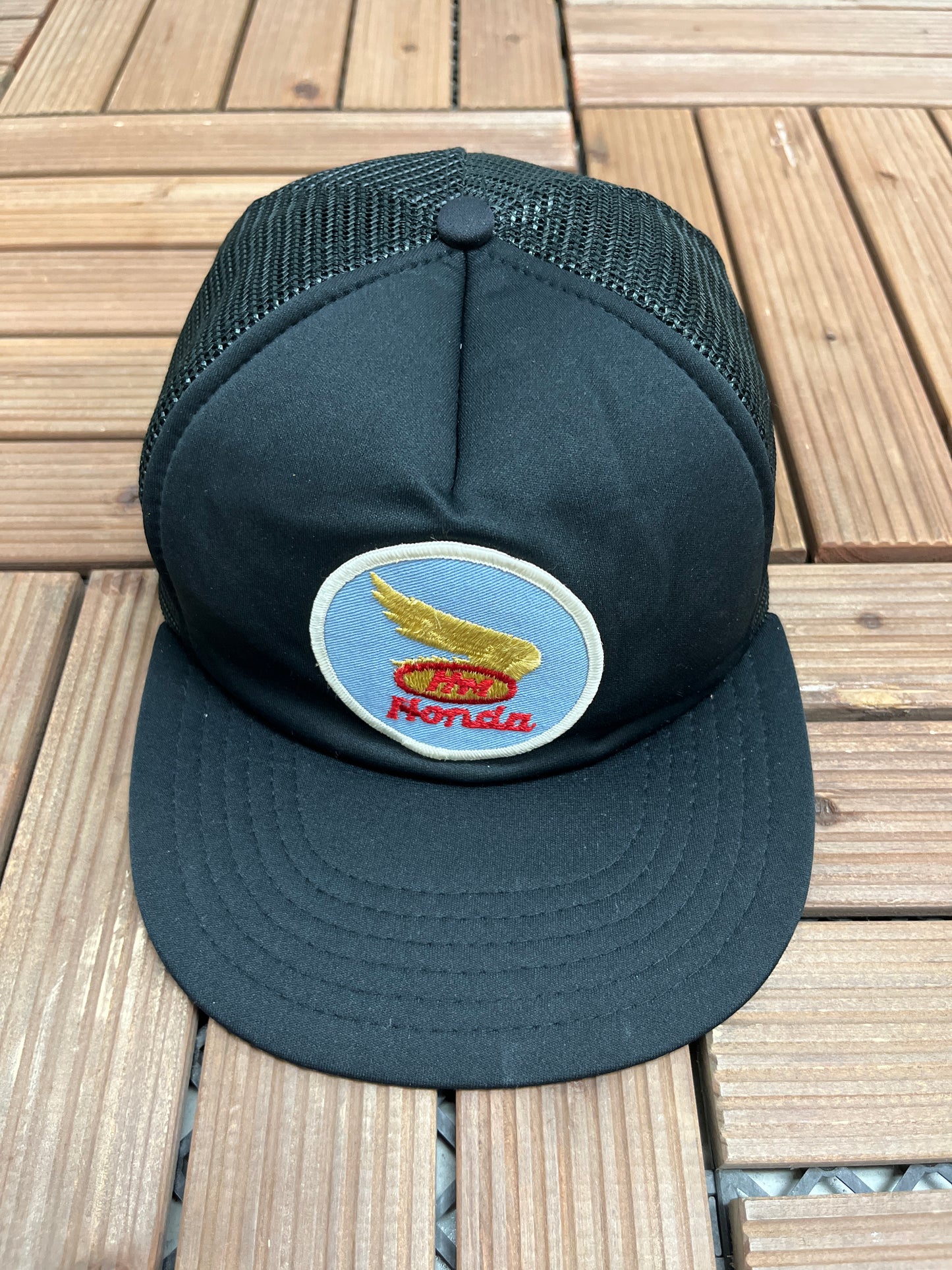 Honda Motorsports Stitched Graphic Hat | Snap Back | Vintage 1990s Promotional Black Trucker Cap |