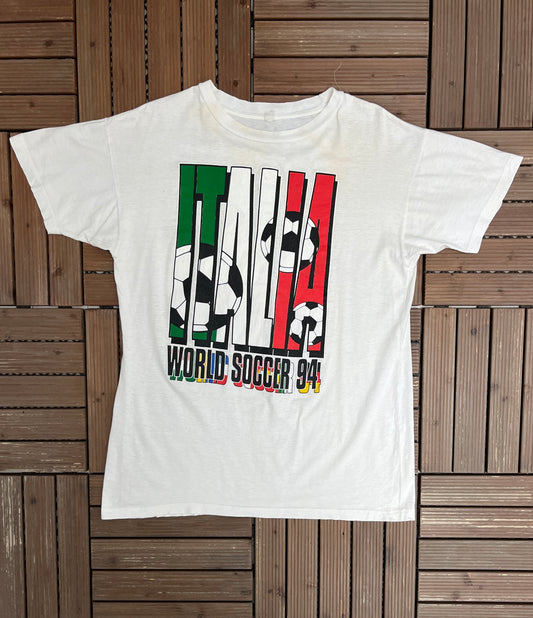 Italia World Cup Soccer 1994 Graphic Tee | Size X-Large | Vintage 1990s Soccer Football White T-Shirt |