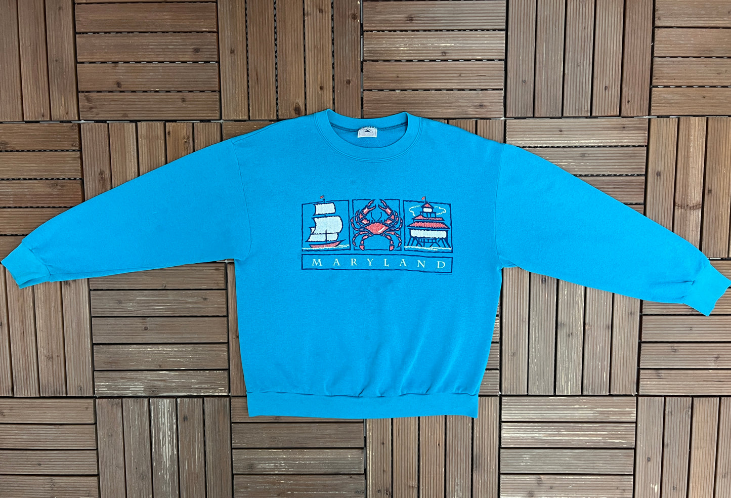 Maryland Tourist Attractions Graphic Crewneck | Size X-Large | Vintage 1990s Promotional Blue Sweater |