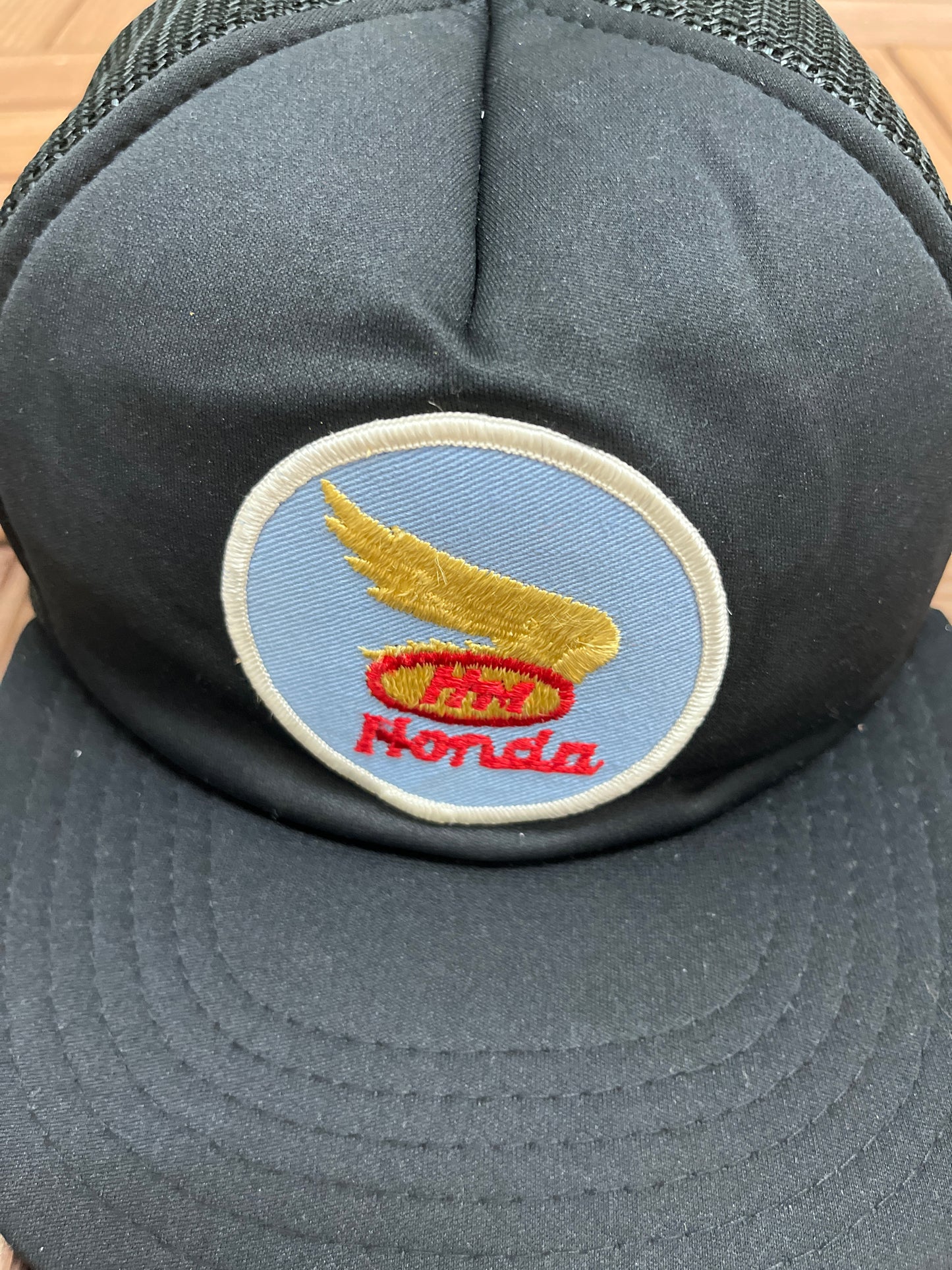 Honda Motorsports Stitched Graphic Hat | Snap Back | Vintage 1990s Promotional Black Trucker Cap |