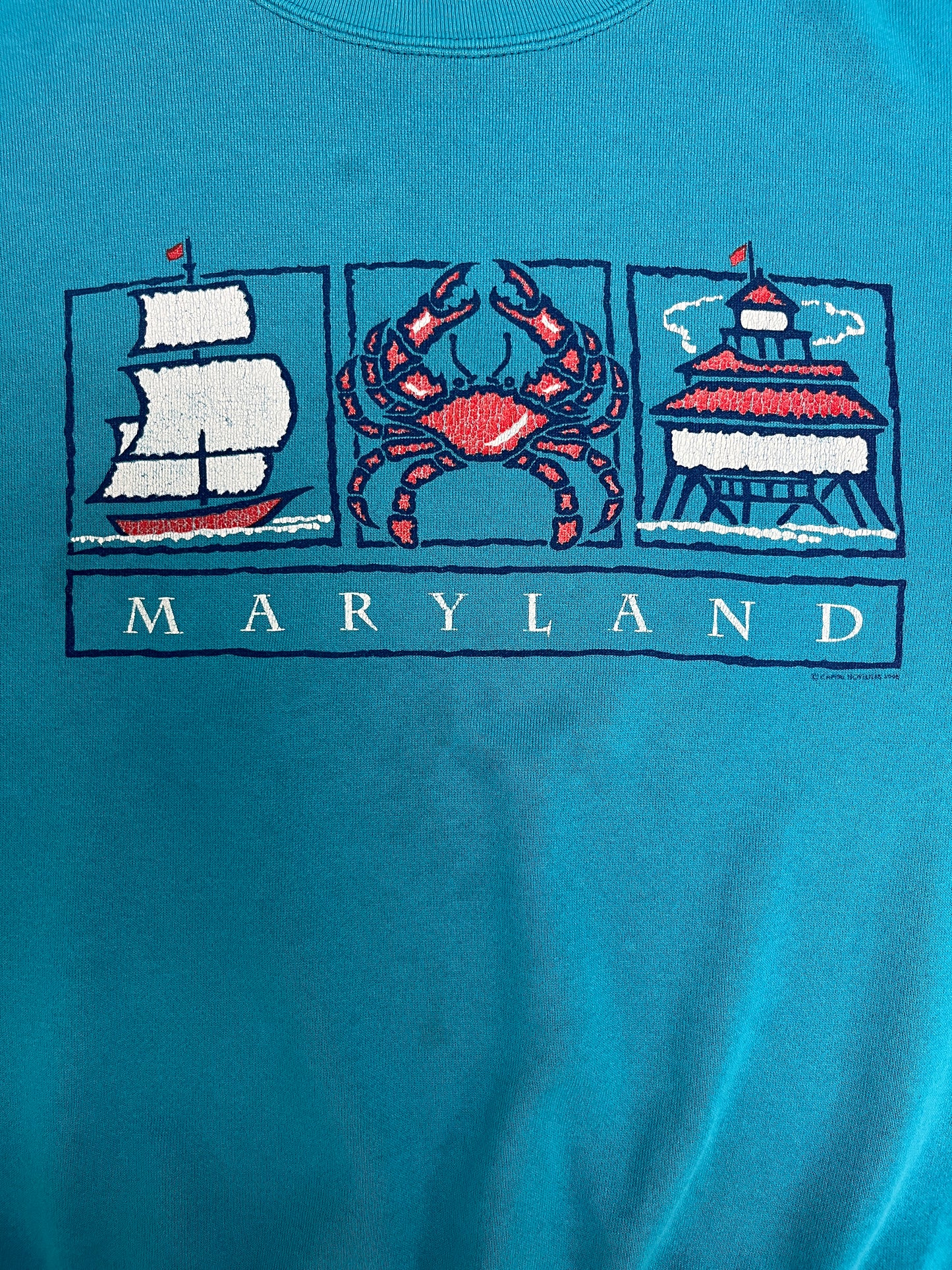 Maryland Tourist Attractions Graphic Crewneck | Size X-Large | Vintage 1990s Promotional Blue Sweater |