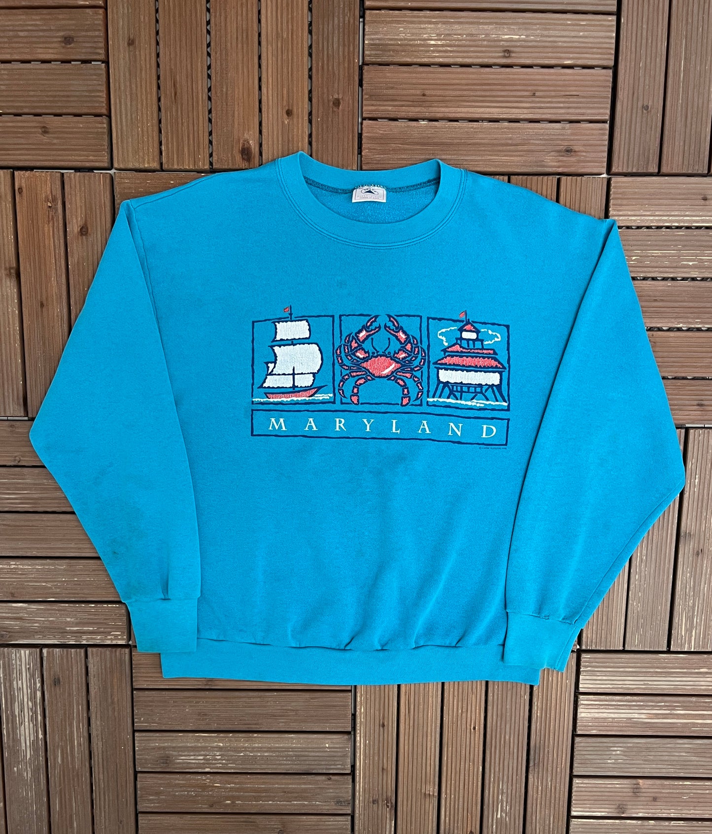 Maryland Tourist Attractions Graphic Crewneck | Size X-Large | Vintage 1990s Promotional Blue Sweater |