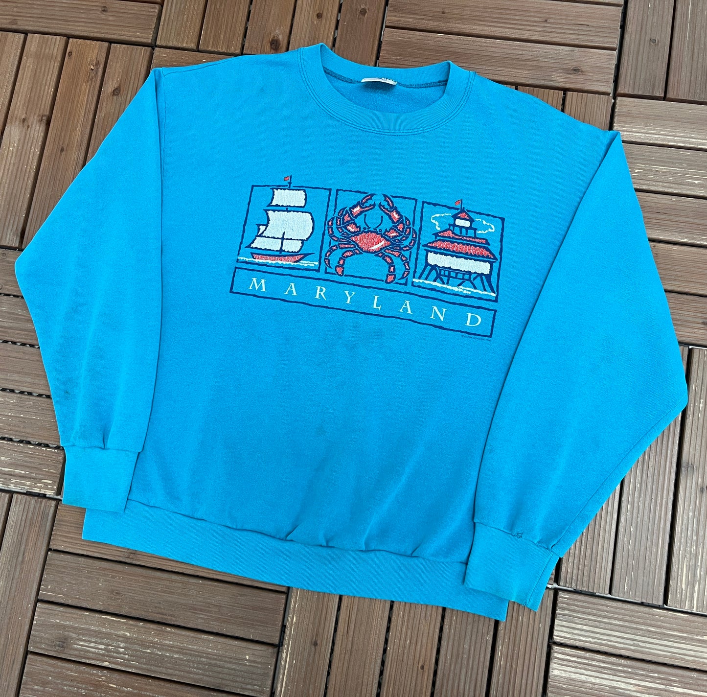 Maryland Tourist Attractions Graphic Crewneck | Size X-Large | Vintage 1990s Promotional Blue Sweater |