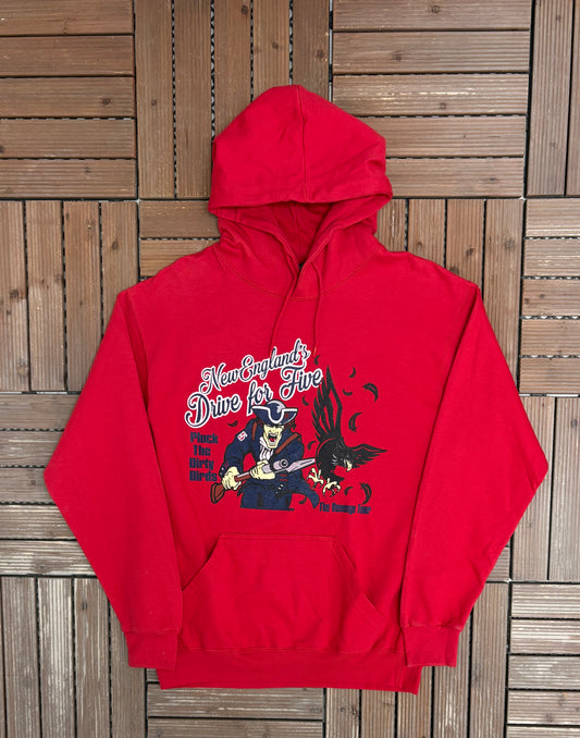New England Patriots Drive For Five Graphic Hoodie | Size Medium | Vintage 2000s NFL Football Red Sweater |