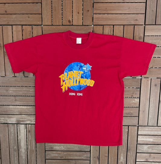 Planet Hollywood Hong Kong Graphic Tee | Size Large | Vintage 1990s Tourist Promotional Red T-Shirt |