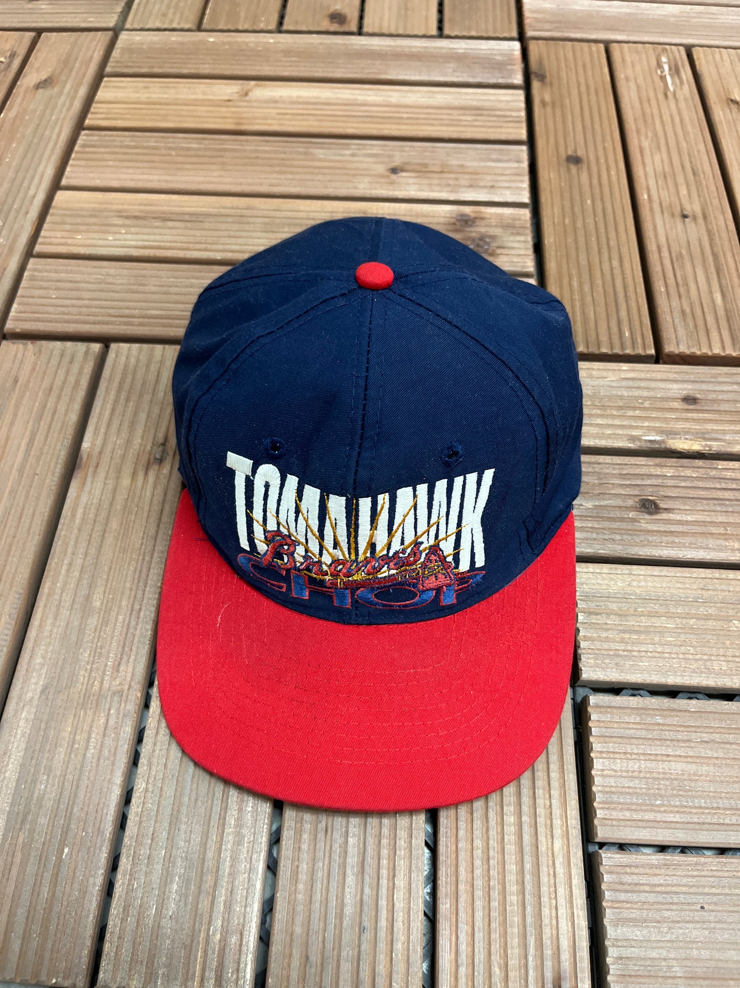 Atlanta Braves Tomahawk Chop Graphic Hat | Snap Back | Vintage 1990s MLB Baseball Blue Cap |