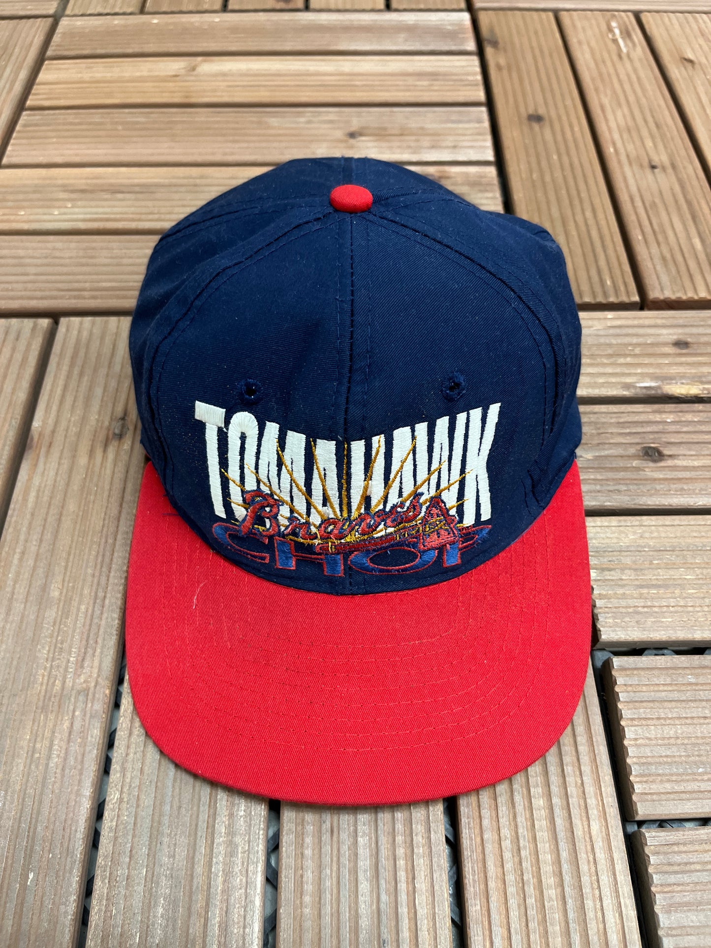 Atlanta Braves Tomahawk Chop Graphic Hat | Snap Back | Vintage 1990s MLB Baseball Blue Cap |