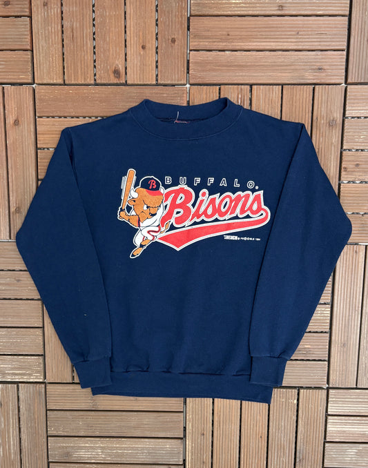Buffalo Bisons Graphic Crewneck | Size Small | Vintage 1990s MiLB Baseball Blue Sweater |