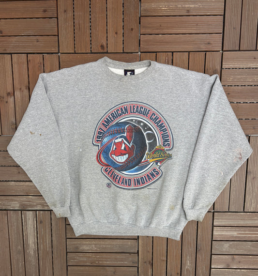 Cleveland Indians 1997 American League Champions Graphic Crewneck | Size X-Large | Vintage 1990s MLB Baseball Grey Sweater |