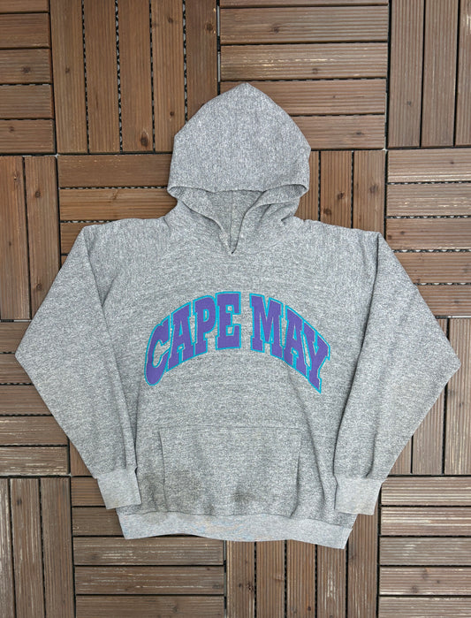 Cape May Spell Out Graphic Hoodie | Size X-Large | Vintage 1980s Grey Tourist Sweater |