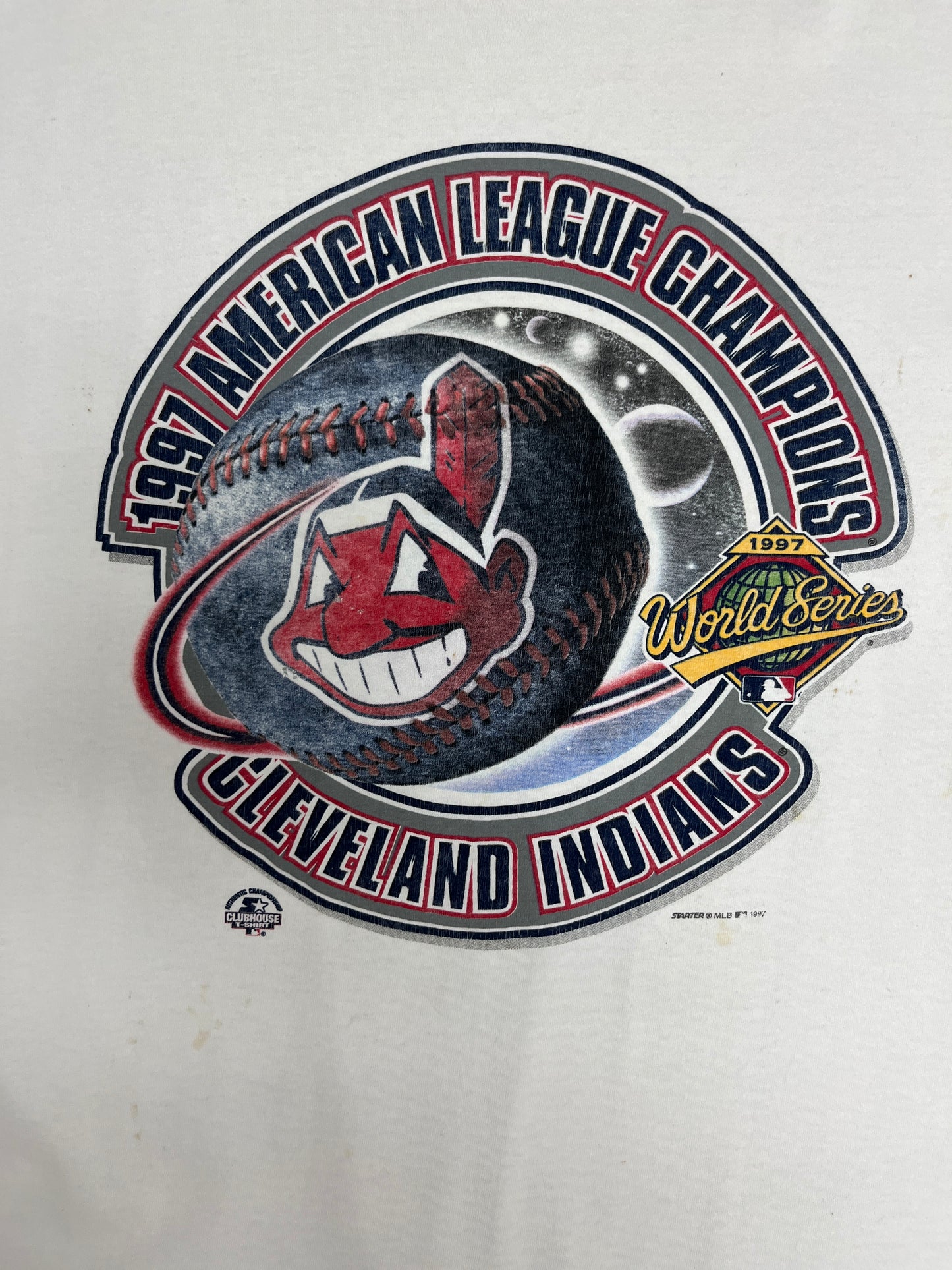 Cleveland Indians American League Champions Graphic Tee | Size Large | Vintage 1990s MLB Baseball White T-Shirt |