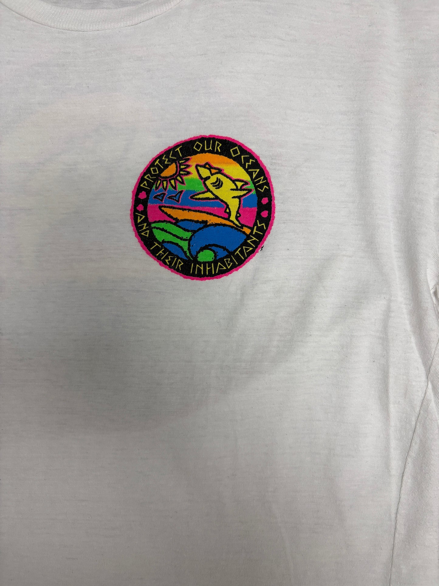 Protect Our Oceans And Their Inhabitants Graphic Tee | Size Medium | Vintage 1990s White T-Shirt |