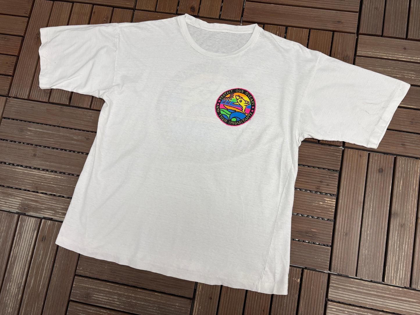 Protect Our Oceans And Their Inhabitants Graphic Tee | Size Medium | Vintage 1990s White T-Shirt |
