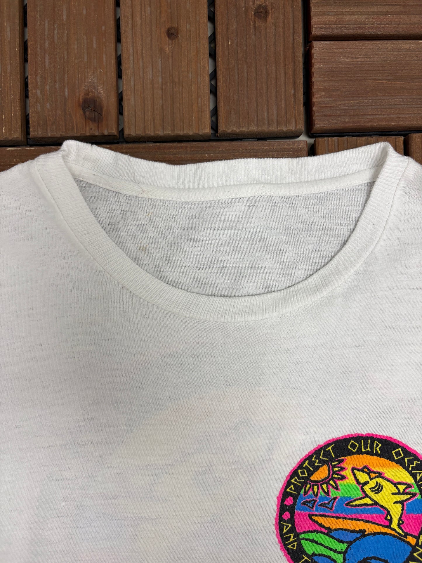 Protect Our Oceans And Their Inhabitants Graphic Tee | Size Medium | Vintage 1990s White T-Shirt |