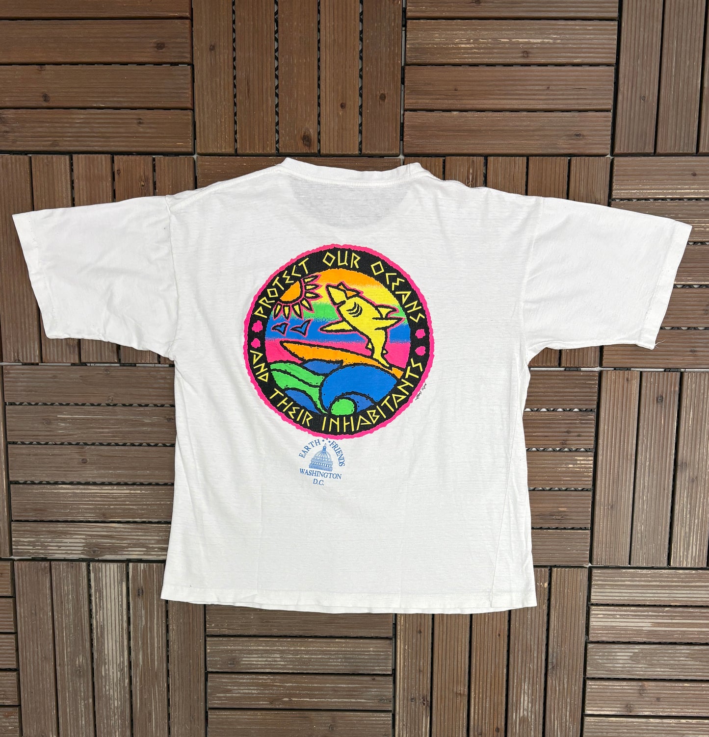 Protect Our Oceans And Their Inhabitants Graphic Tee | Size Medium | Vintage 1990s White T-Shirt |