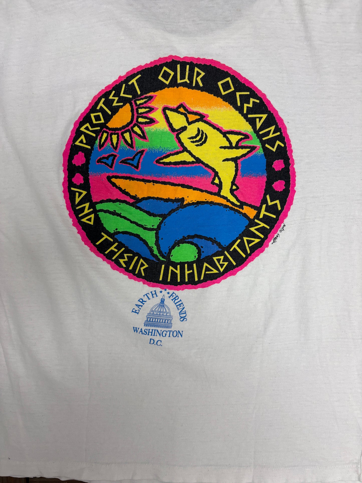 Protect Our Oceans And Their Inhabitants Graphic Tee | Size Medium | Vintage 1990s White T-Shirt |