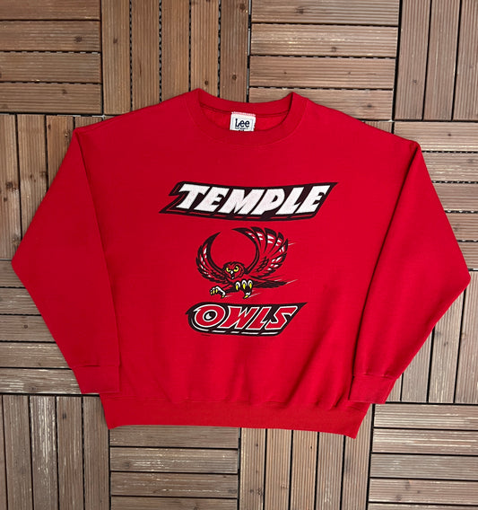 Temple Owls Graphic Crewneck | Size X-Large | Vintage 1990s College Red Sweater |