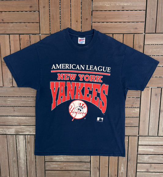 New York Yankees Graphic Tee | Size X-Large | Vintage 1990s MLB Baseball Blue T-Shirt |