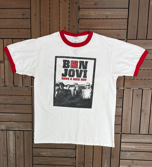 Bon Jovi Have A Nice Day Tour Graphic Tee | Size Large | Vintage 2000s Rock Music White T-Shirt |