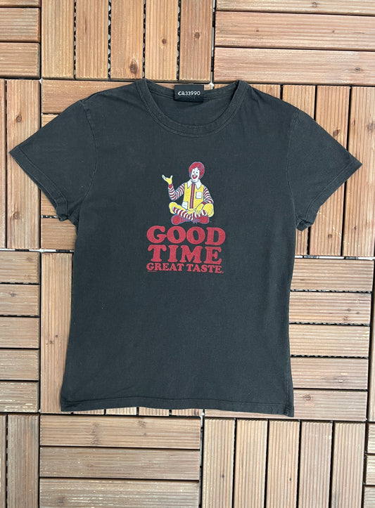 McDonald's Good Time Great Taste Graphic Tee | Size Women's Large | Vintage 1990s Fast Food Promotional Black T-Shirt |